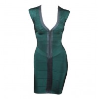 Sexy Plunging Neck Color Splicing Zipper Front Sleeveless Bandage Dress For Women